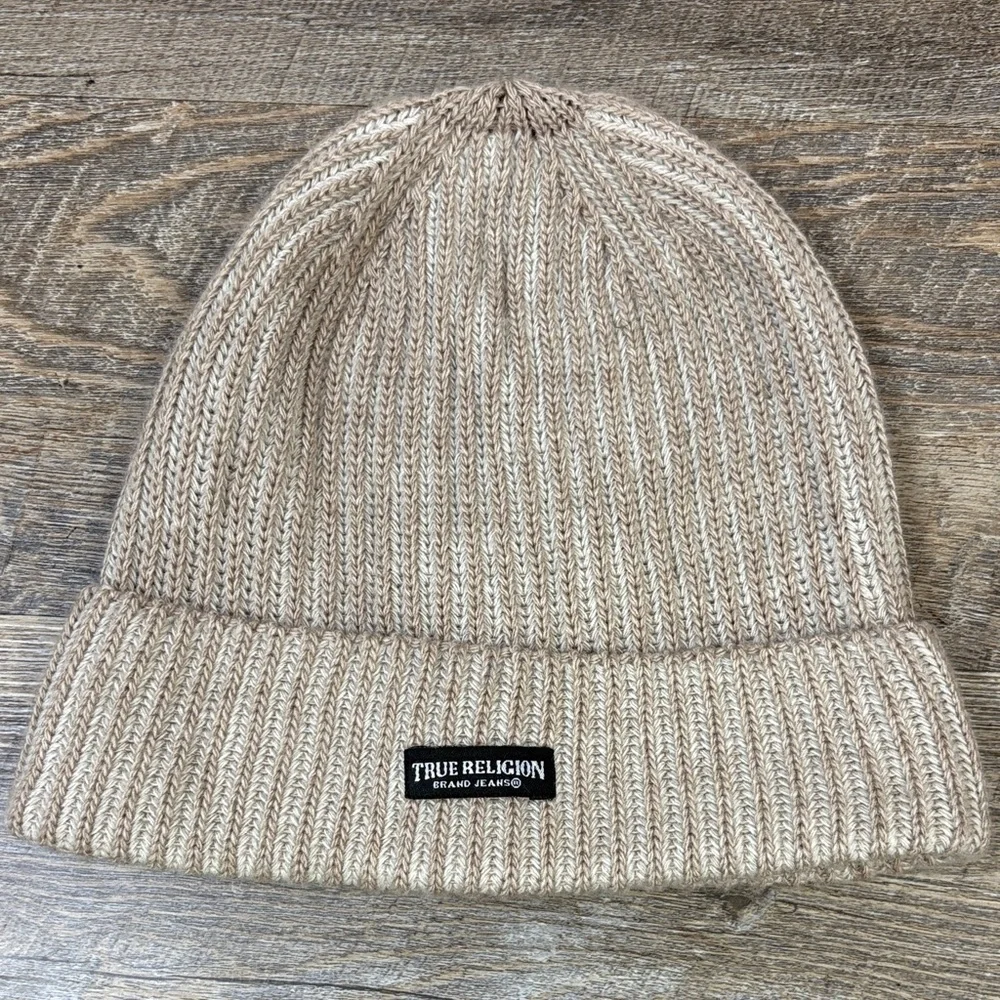 True Religion Classic Ribbed Knit Beanie Hat | Tan Neutral | Logo Patch